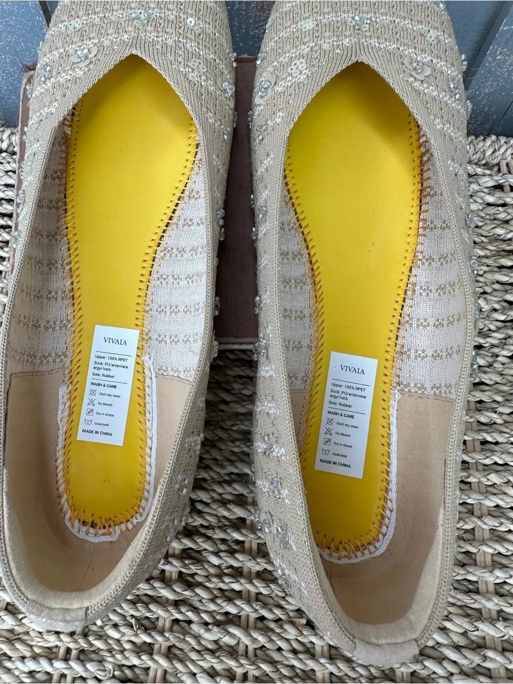 Vivaia Margot 2.0 Sequins Square Toe V-Front Flat Natural Linen Sz 41, 9.5 NWOB